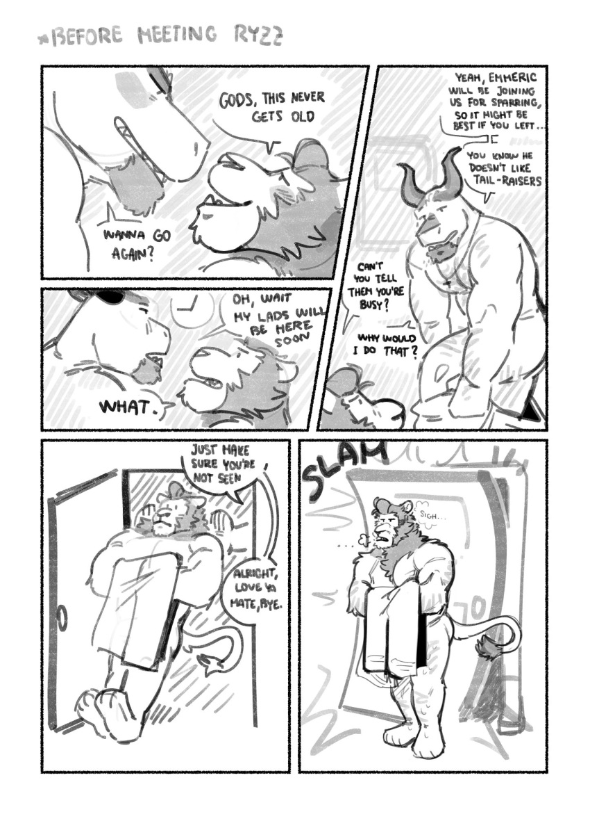 after_sex anthro blush comic dialogue door_slam dragon dressing duo embarrassed felid hi_res horn jewelry lion looking_at_another looking_pleasured male male/male mammal monochrome muscular muscular_anthro muscular_male necklace nude onomatopoeia orion_(xeoniios) pantherine sighing sound_effects speech_bubble text thought_bubble towel wingless_dragon xeoniios zafar_(xeoniios)