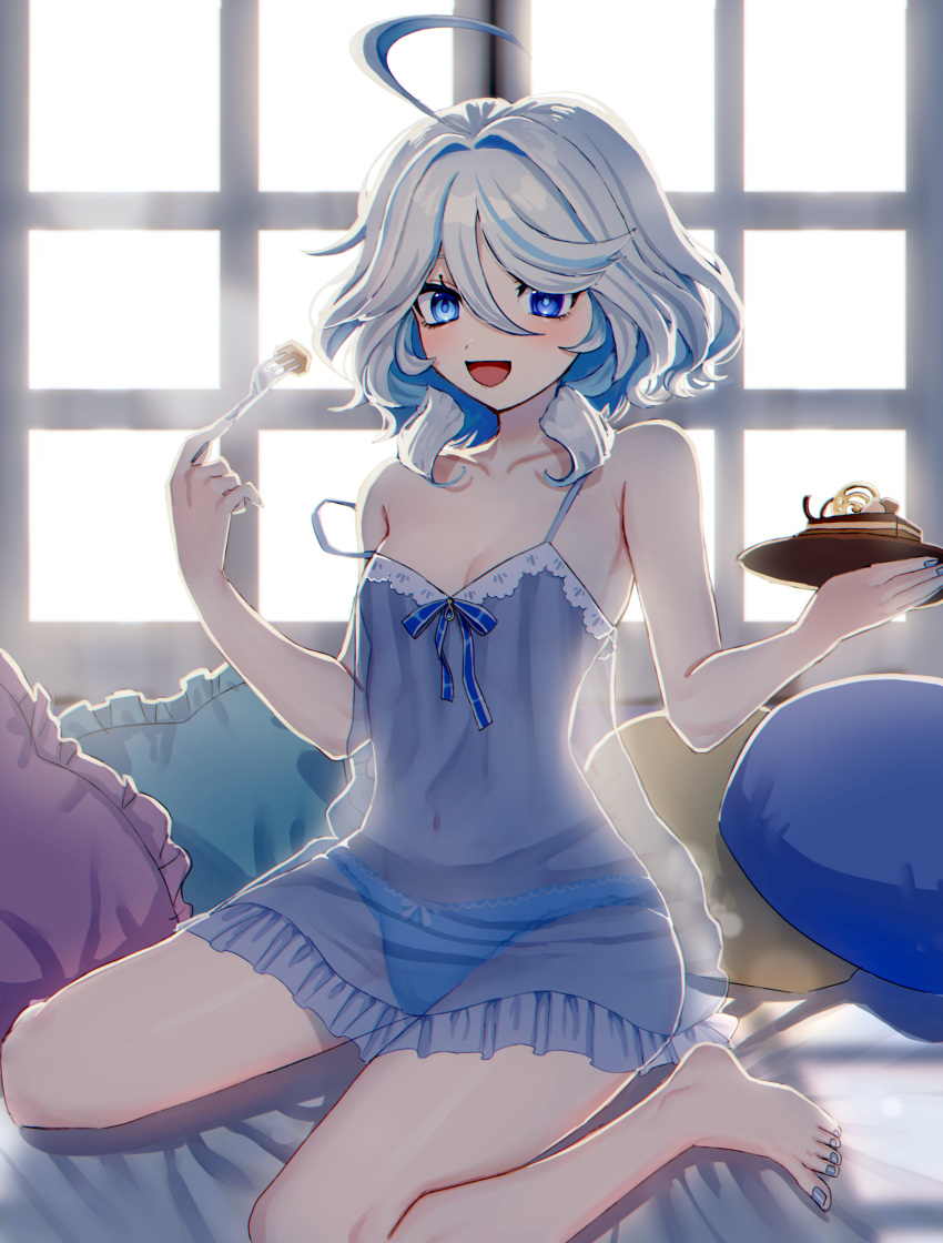 1girl absurdres ahoge bare_arms bare_legs bed blue_eyes blue_nails blue_panties breasts cake cake_slice esu_(tasoesu) food fork frilled_pillow frills furina_(genshin_impact) genshin_impact hair_between_eyes highres holding holding_fork kneeling lingerie medium_hair nail_polish on_bed open_mouth panties pillow plate see-through small_breasts solo teddy_(lingerie) underwear white_hair window