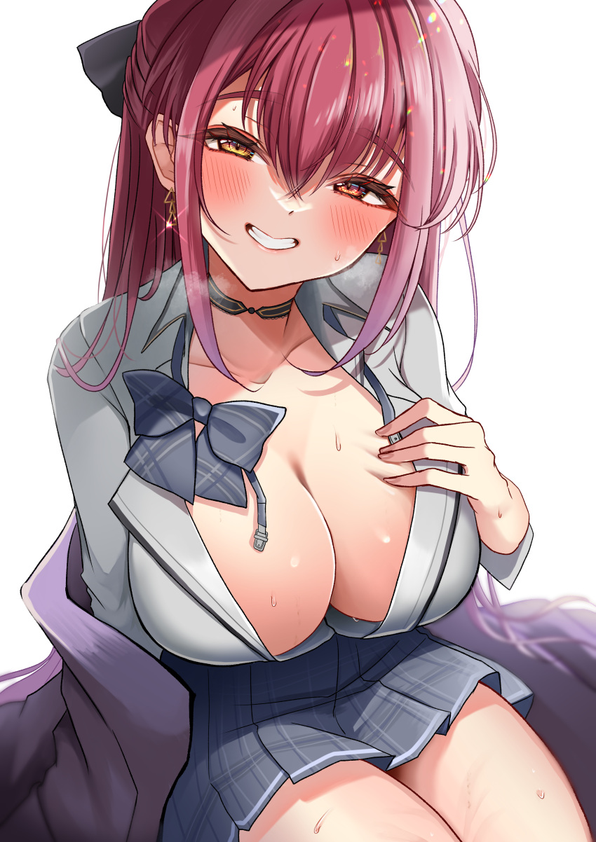 1girl absurdres black_bow black_bowtie black_choker black_skirt blush bow bowtie breasts choker cleavage clenched_teeth heterochromia highres hinoki_kahun0 hololive houshou_marine large_breasts plaid plaid_skirt red_eyes red_hair school_uniform simple_background sitting skirt smile solo teeth thighs virtual_youtuber white_background yellow_eyes