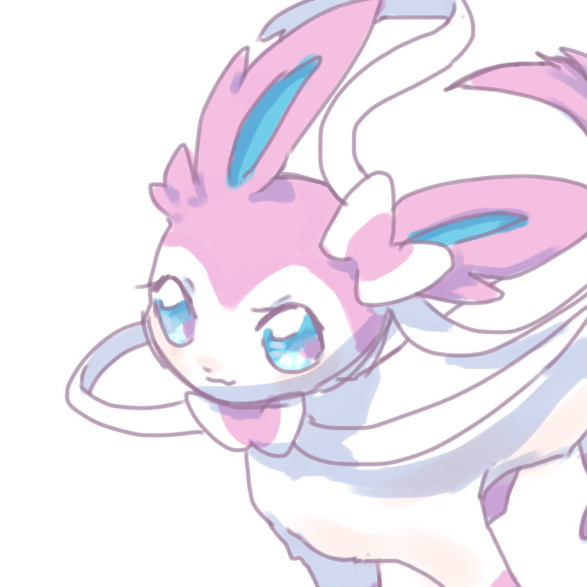 :3 animal_focus blue_eyes blush bow bowtie butter_(oshi8kyoumoh) closed_mouth commentary_request ear_bow happy highres light_blush no_humans pink_bow pink_bowtie pokemon pokemon_(creature) ribbon simple_background sketch smile solo standing sylveon traditional_bowtie white_background white_ribbon