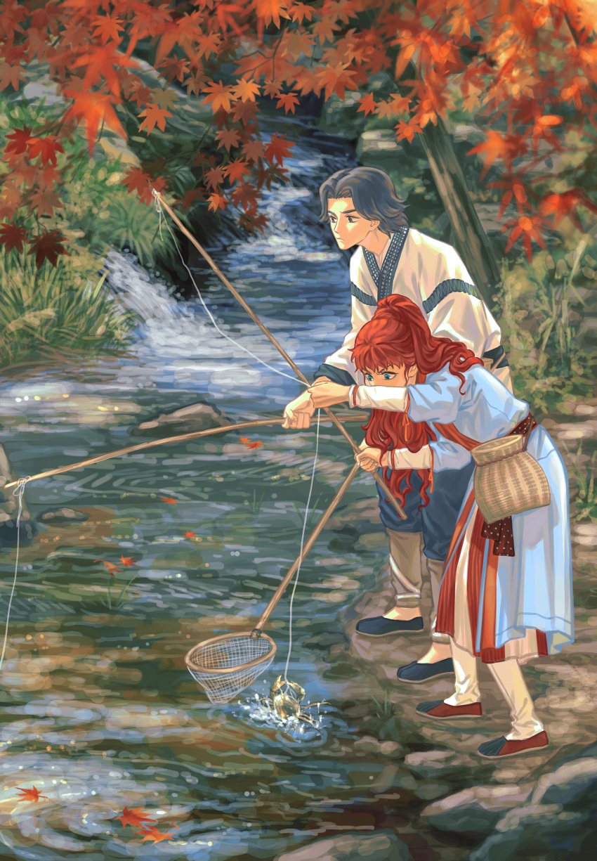 1boy 1girl absurdres autumn_leaves basket blue_eyes blue_footwear blue_pants blue_robe butterfly_net chinese_clothes covered_mouth crab day fishing fishing_rod flats from_side hair_over_shoulder hand_net hand_up hanfu highres holding holding_fishing_rod juuni_kokuki leaf leaning_forward long_hair long_sleeves looking_ahead looking_down maple_leaf nakajima_youko nature pants parted_lips ponytail rakushun_(juuni_kokuki) red_footwear red_hair robe sash shirt shore short_hair side-by-side standing stream two-tone_footwear very_long_hair water white_pants white_shirt yi_(199702090505)