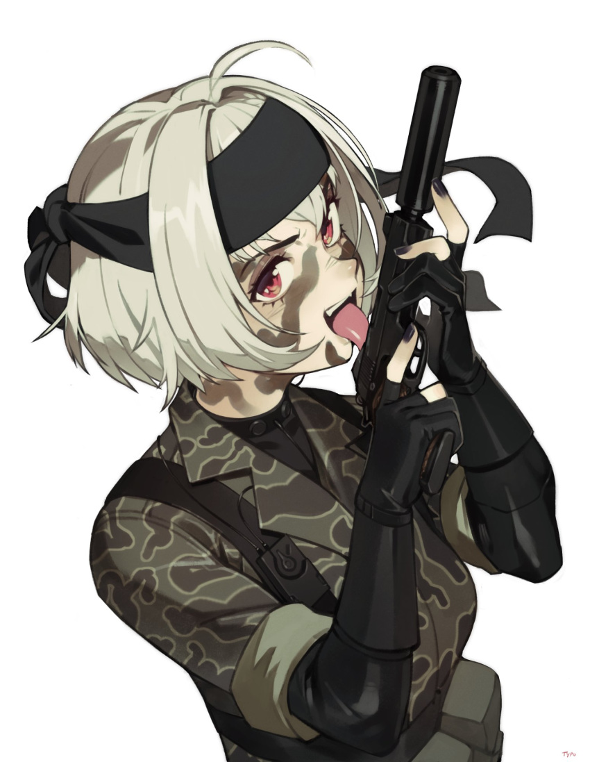 1girl ahoge black_nails breasts gloves grey_hair gun handgun highres holding holding_gun holding_weapon indie_virtual_youtuber long_sleeves looking_at_viewer military military_uniform nail_polish open_mouth optionaltypo red_eyes saruei_(vtuber) scar scar_across_eye solo uniform virtual_youtuber weapon