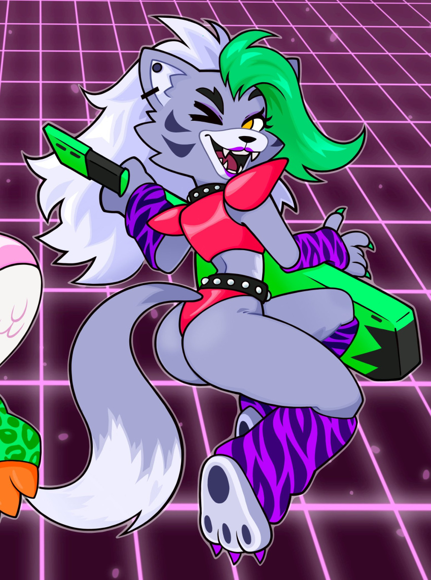 animal_ears ass cropped five_nights_at_freddy's five_nights_at_freddy's:_security_breach furry furry_female green_nails grey_fur highres jen_lum long_hair one_eye_closed panties purple_lips red_panties roxanne_wolf_(fnaf) tail thighs underwear white_hair wolf_ears wolf_girl wolf_tail yellow_eyes