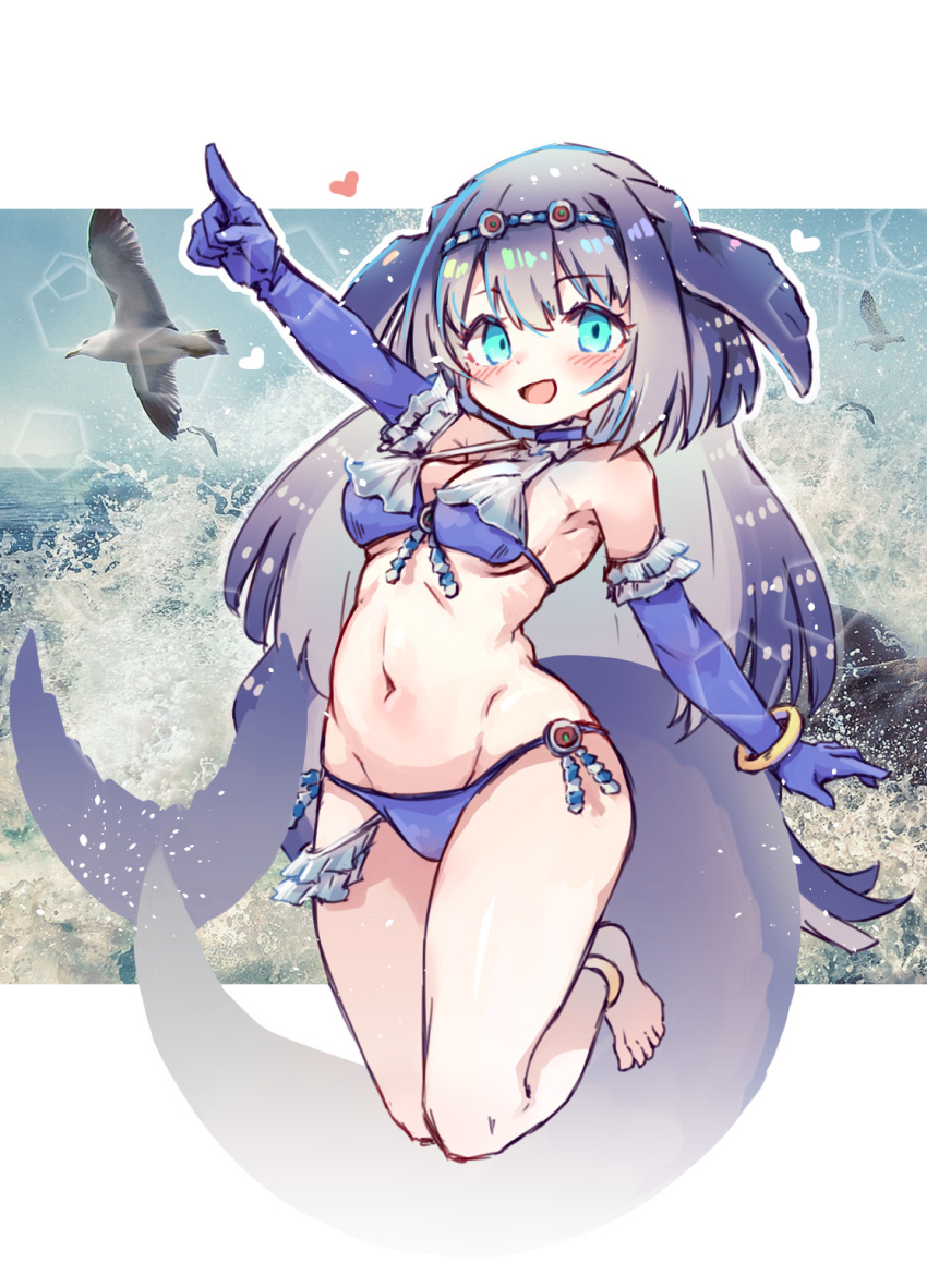1girl :d bikini blue_bikini blue_eyes blue_gloves blue_hair blush breasts commentary_request elbow_gloves fins fish_tail gloves hair_between_eyes highres kemono_friends kolshica long_hair medium_breasts navel open_mouth photo_background smile solo steller's_sea_cow_(kemono_friends) swimsuit tail