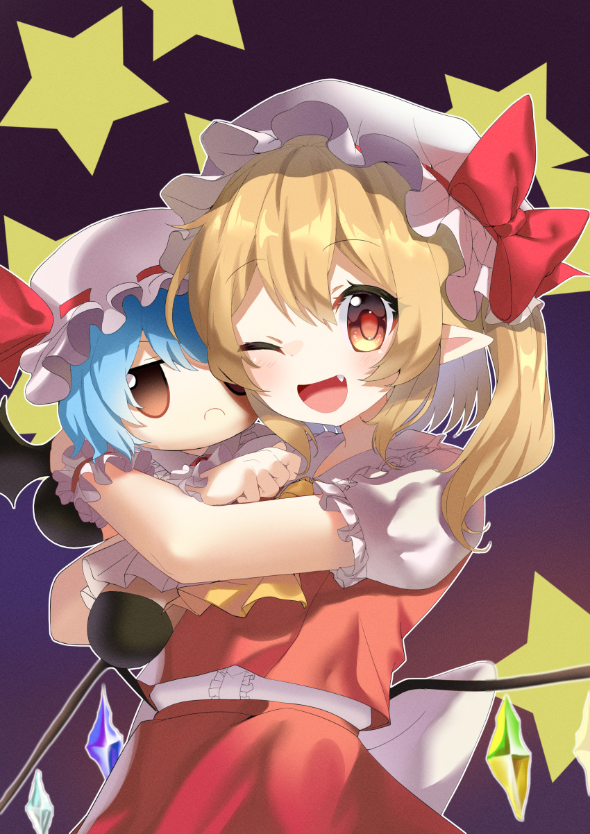 1girl ;d absurdres ascot back_bow bat_wings blonde_hair blue_hair bow brown_eyes center_frills character_doll closed_mouth collared_shirt crystal doll fang flandre_scarlet frilled_shirt_collar frilled_sleeves frills gradient_background happy hat hat_bow hat_ribbon highres holding holding_doll hxj_(2324184595) large_bow looking_at_viewer medium_hair mob_cap multicolored_wings one_eye_closed one_side_up open_mouth pink_headwear pointy_ears puffy_short_sleeves puffy_sleeves purple_background red_bow red_eyes red_ribbon red_skirt red_vest remilia_scarlet ribbon ribbon-trimmed_headwear ribbon_trim shirt short_sleeves simple_background skirt smile solo star_(symbol) touhou vest white_bow white_headwear white_shirt wings wrist_cuffs yellow_ascot