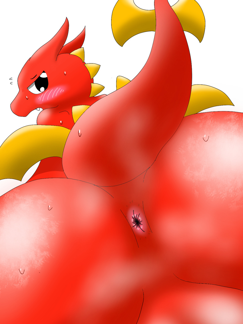 anthro anus backsack balls big_butt blush blush_lines bodily_fluids butt dragon drain_(pixiv) embarrassed genitals hi_res looking_back male msi msi_dragon_lucky musk nervous nude open_mouth presenting presenting_anus rear_view red_body red_tail simple_background solo sweat tail teeth wings yellow_wings