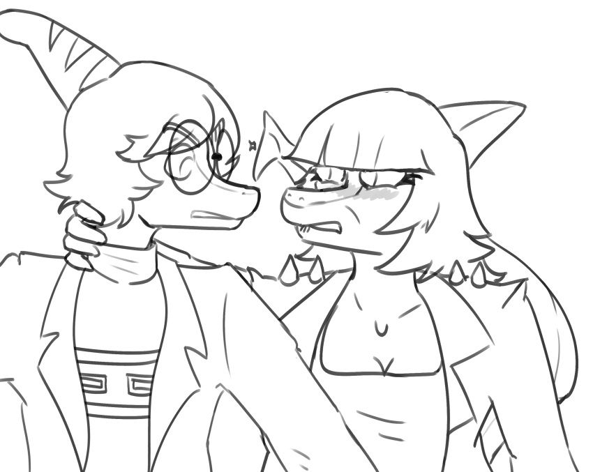 2024 anthro benjamin_mcknight bite biting_lip blush clothing dinosaur duo eyelashes eyewear female glasses hadrosaurid hair hi_res i_wani_hug_that_gator jacket jacket_ignites long_hair long_tail male mia_(iwhtg) monochrome neck_grab ornithischian parasaurolophus reptile scalie short_hair sketch snout spiked_tail spikes spikes_(anatomy) tail topwear