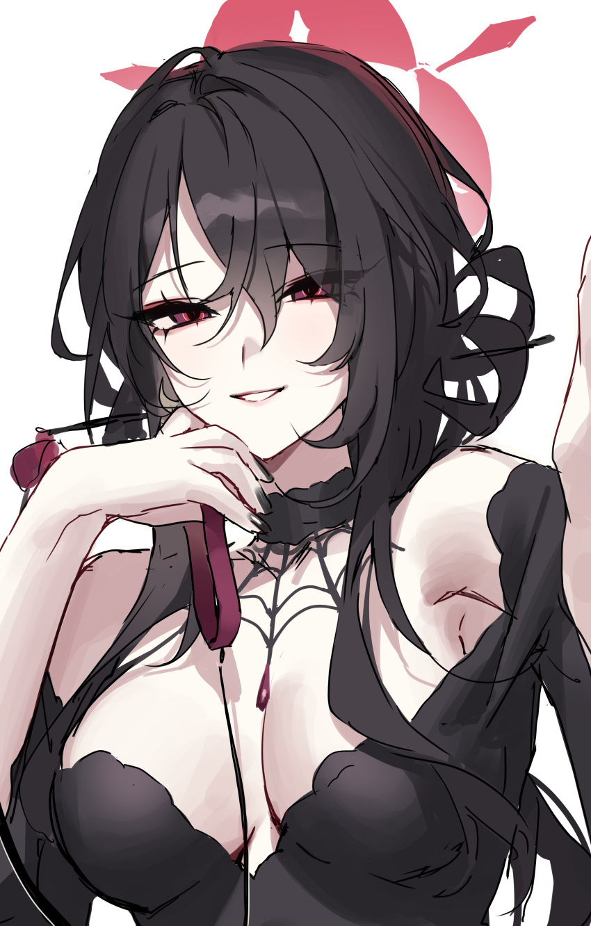 1girl absurdres black_dress black_hair black_nails blue_archive breasts dress fingernails hair_between_eyes hair_ornament hair_stick halo highres kokuriko_(blue_archive) large_breasts long_hair looking_at_viewer nail_polish open_mouth raki_kr red_eyes red_halo simple_background sketch smile solo upper_body white_background