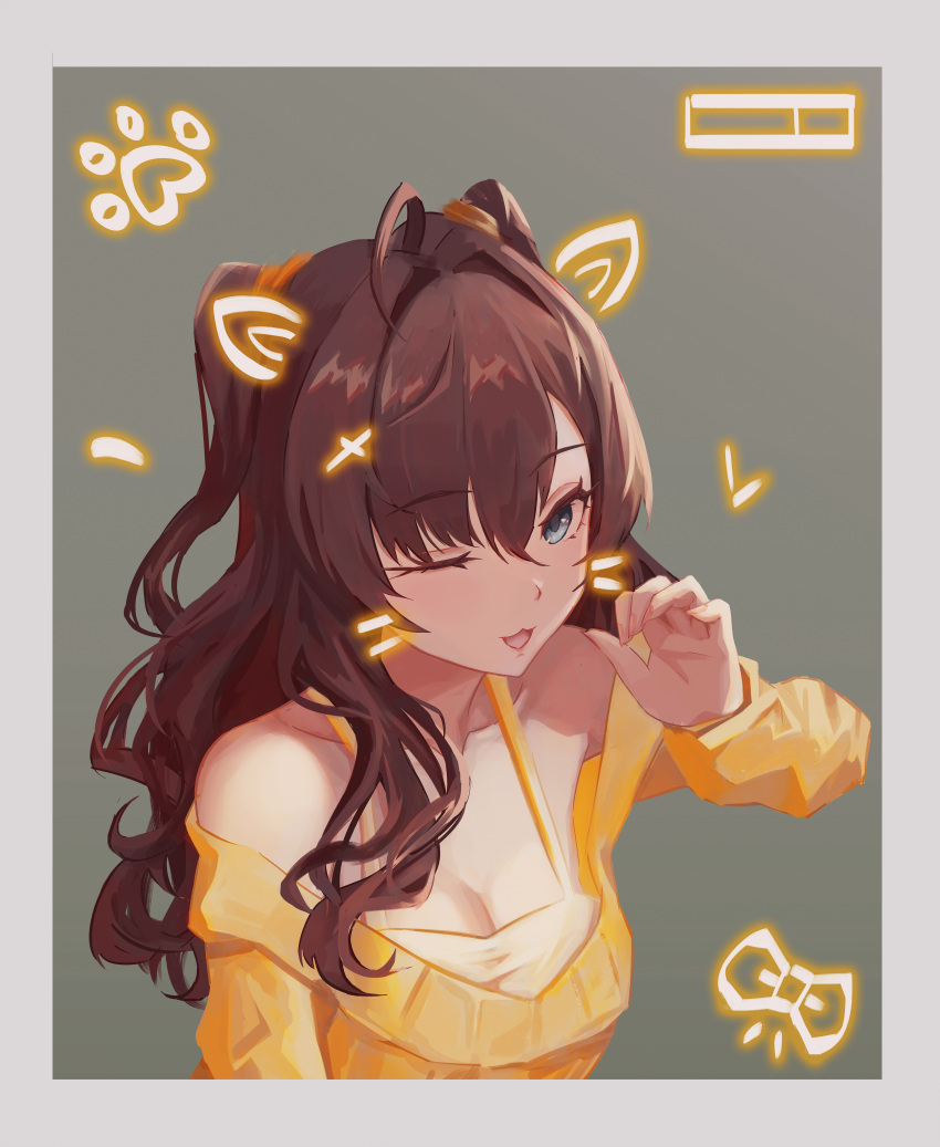 1girl :3 absurdres ahoge animal_ears animal_print blue_eyes blush bow breasts brown_hair cleavage collarbone commentary_request drawn_ears drawn_whiskers hair_between_eyes heart highres ichinose_shiki idolmaster idolmaster_cinderella_girls long_hair looking_at_viewer medium_breasts off-shoulder_sweater off_shoulder one_eye_closed open_mouth orange_sweater picture_frame purikura qingli_ye shirt sleeveless sleeveless_shirt smile sweater two_side_up upper_body wavy_hair whiskers yellow_shirt