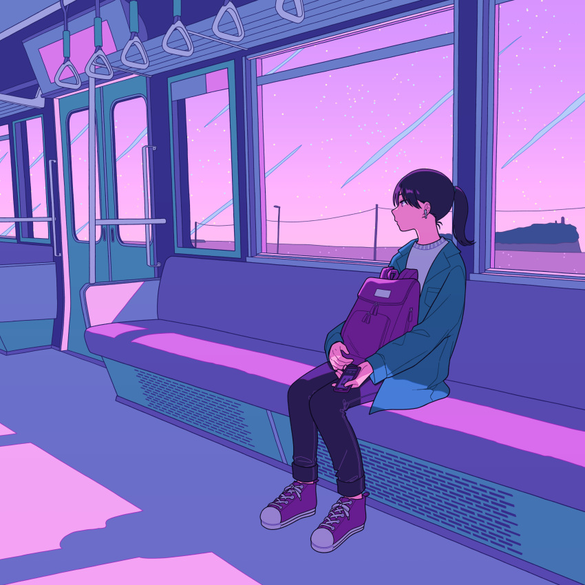 1girl absurdres black_hair black_pants blue_jacket highres jacket long_sleeves medium_hair original pants profile purple_bag purple_footwear purple_sky purple_theme shadow shi_oo shirt shoes simple_background sitting sky star_(sky) starry_sky train_interior white_shirt wide_shot