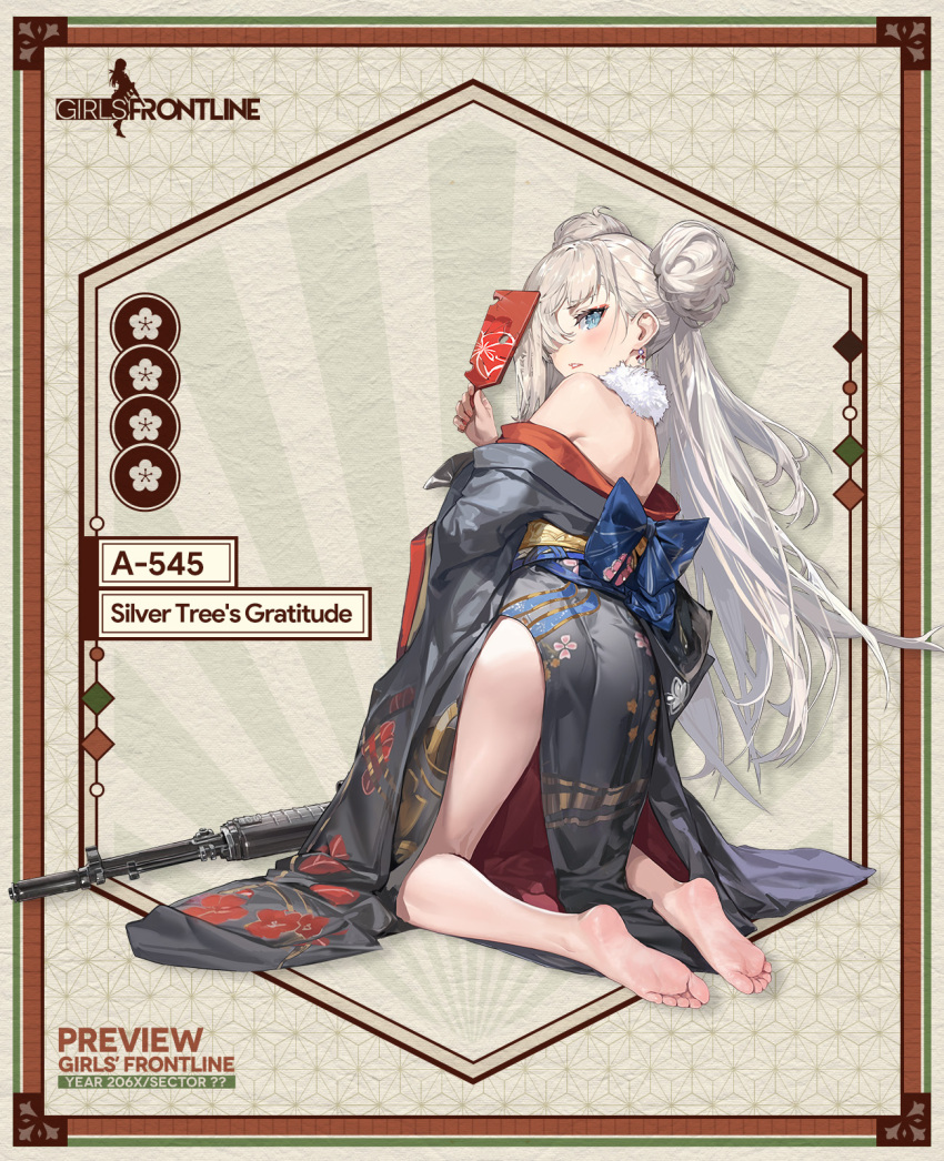 1girl a-545_(girls'_frontline) a-545_(silver_tree's_gratitude)_(girls'_frontline) a545 ass blue_eyes blue_sash bullet_hole character_name copyright_name double_bun earrings eyeshadow feet fingernails floral_print_kimono from_behind full_body fur_collar girls'_frontline grey_kimono hagoita hair_bun highres holding japanese_clothes jewelry kimono kneeling light_frown lipstick long_hair long_sleeves looking_at_viewer looking_back makeup messikid obi off_shoulder official_alternate_costume official_art paddle parted_lips pink_nails sash second-party_source simple_background soles solo toes transparent_background very_long_hair white_hair wide_sleeves yellow_sash