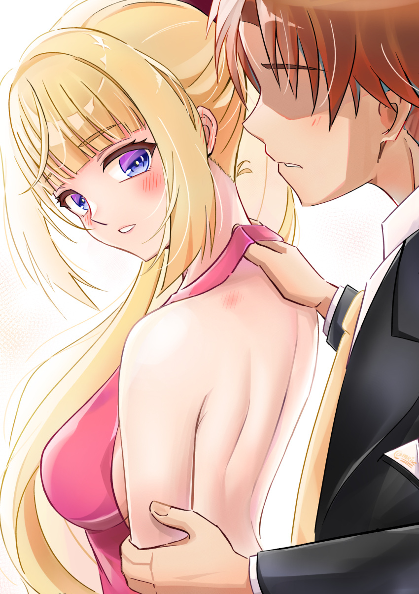 1boy 1girl adjusting_another's_clothes ayanokouji_kiyotaka back bare_back blonde_hair blunt_bangs blush breasts brown_hair couple dress faceless faceless_male halter_dress halterneck hickey highres karuizawa_kei long_hair looking_at_another medium_breasts mour_kun necktie parted_lips pink_dress ponytail purple_eyes sideboob smile suit youkoso_jitsuryoku_shijou_shugi_no_kyoushitsu_e