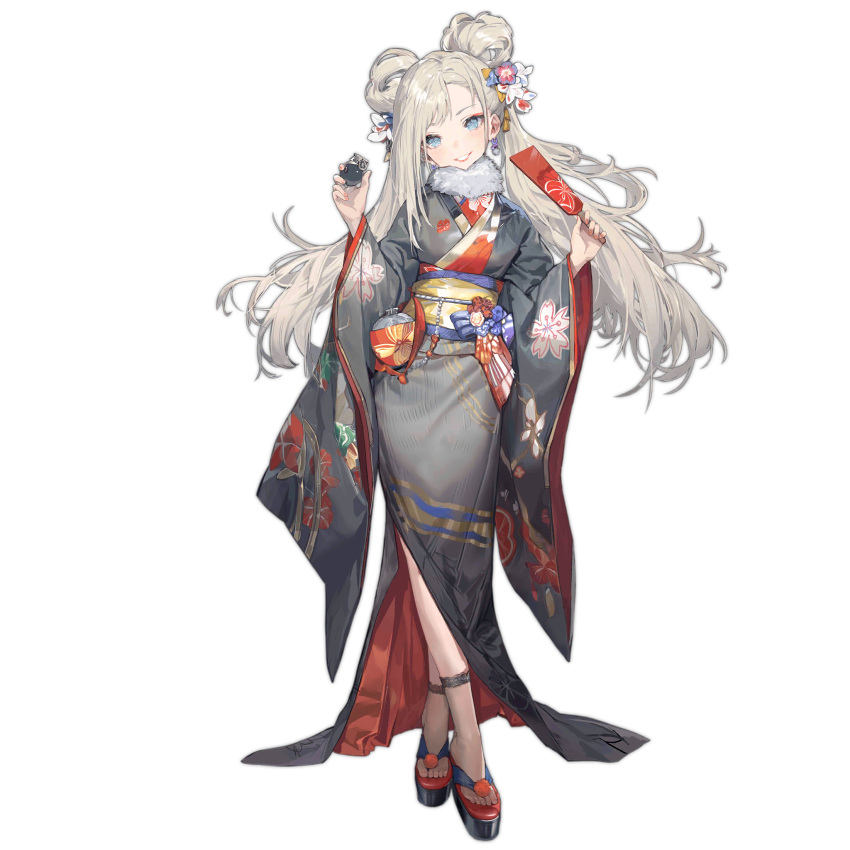 1girl a-545_(girls'_frontline) a-545_(silver_tree's_gratitude)_(girls'_frontline) blue_eyes blue_flower blue_sash bottle canteen double_bun earrings explosive feet fingernails floral_print_kimono flower flower_request full_body fur_collar girls'_frontline grenade grey_kimono hagoita hair_bun hair_flower hair_ornament highres holding holding_bottle japanese_clothes jewelry kimono lace-trimmed_socks lipstick long_hair long_sleeves looking_at_viewer makeup messikid multicolored_flower obi official_alternate_costume official_art okobo paddle pink_flower pink_nails red_flower sandals sash see-through_socks simple_background solo standing third-party_source toes transparent_background very_long_hair white_flower white_hair wide_sleeves yellow_sash