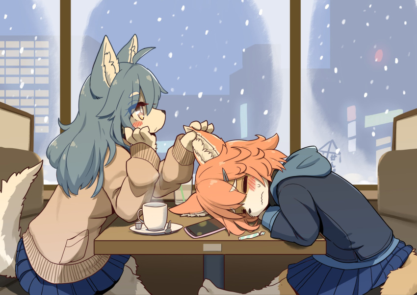 2girls ai_ai_gasa animal_ears arm_rest blue_hair blue_skirt blush booth_seating cellphone check_commentary closed_eyes coffee_mug commentary_request cup furry furry_female hair_ornament hairclip highres kiori_nezumi long_hair mug multiple_girls orange_hair original phone skirt smartphone snout snow sweater tail window