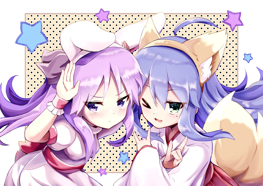 &gt;_o 2girls :3 absurdres ahoge alternate_costume animal_ear_fluff animal_ears arms_up blue_hair blush border closed_mouth commentary_request crossed_arms double_fox_shadow_puppet fake_animal_ears fox_ears fox_shadow_puppet fox_tail frown green_eyes hair_between_eyes hakama highres hiiragi_kagami izumi_konata japanese_clothes jitome kimono long_hair looking_at_viewer lucky_star miko mole mole_under_eye multiple_girls one_eye_closed open_mouth polka_dot polka_dot_background puffy_short_sleeves puffy_sleeves purple_eyes purple_hair rabbit_ears rabbit_pose red_hakama shira_461 shirt short_sleeves sidelocks simple_background skirt smile star_(symbol) tail tsurime white_border white_kimono white_shirt white_skirt yellow_background