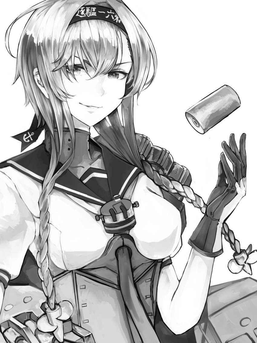 1girl anchor_symbol braid breasts depth_charge gloves greyscale hachimaki hair_between_eyes hair_ornament headband highres kantai_collection kurou_(bcrow) long_hair looking_at_viewer medium_breasts monochrome neckerchief propeller_hair_ornament sailor_collar school_uniform serafuku short_sleeves simple_background smirk solo teruzuki_(kancolle) twin_braids upper_body