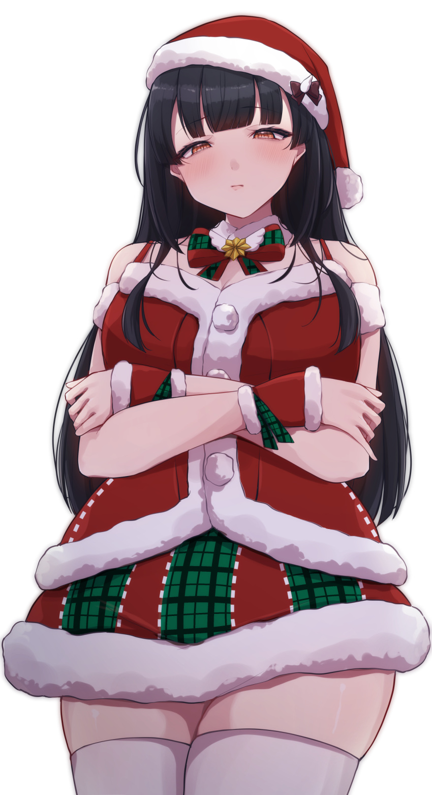 1girl absurdres black_hair blunt_bangs blush cross detached_collar fur-trimmed_headwear fur-trimmed_skirt fur_trim hat highres idolmaster idolmaster_shiny_colors kyana_(5024777) long_hair looking_at_viewer mayuzumi_fuyuko santa_costume santa_hat simple_background skirt solo straight_hair thighhighs two-tone_bowtie very_long_hair white_background white_thighhighs wristband zettai_ryouiki