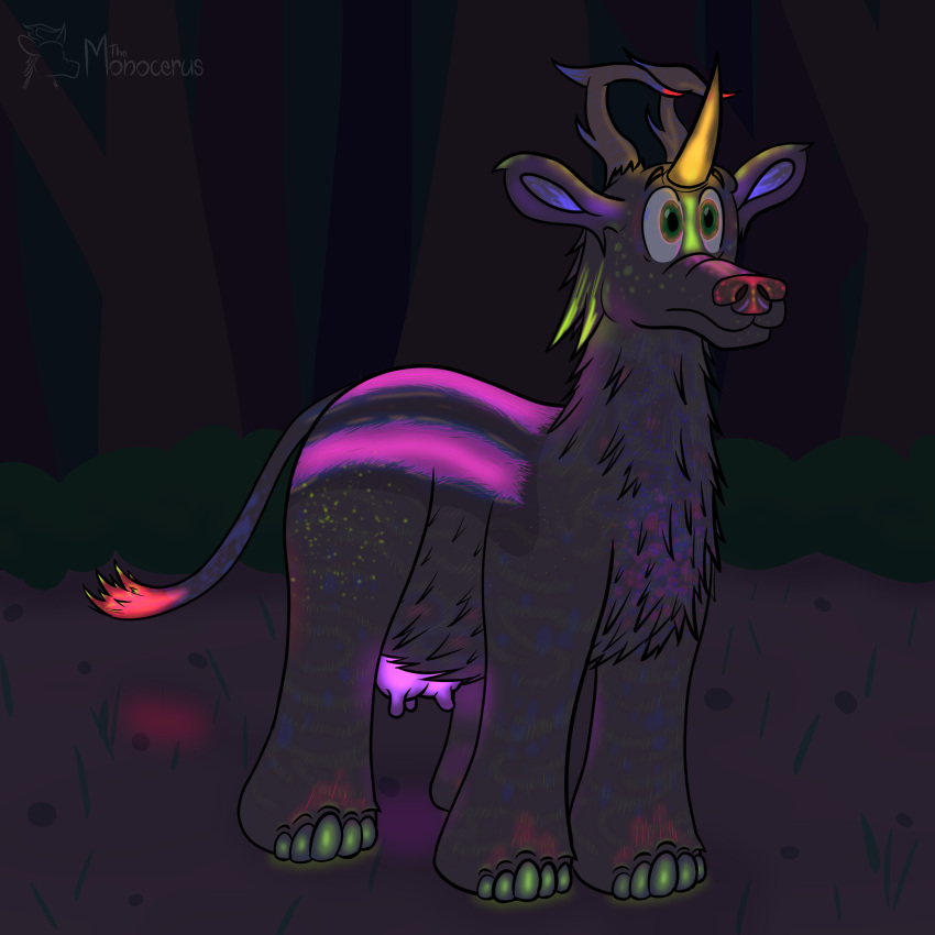4_legs antlers bioluminescence bioluminescent_ears bioluminescent_horn bioluminescent_spots bioluminescent_tail bioluminescent_toes bioluminescent_udders brown_body brown_fur dirt elephant_toes feral forest fur fur_markings glowing hi_res horn hybrid long_fur male mammal markings miden monocerus monocerus_(species) night outside plant shrub solo tail teats tree udders