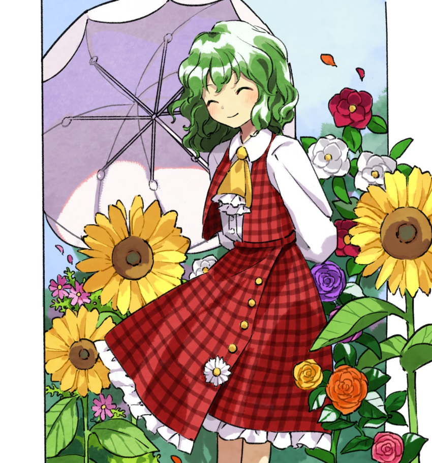 1girl ascot border closed_eyes falling_petals flower green_hair highres holding holding_umbrella jacket kaigen_1025 kazami_yuuka long_skirt looking_at_viewer orange_flower parasol petals pink_flower plaid plaid_jacket plaid_skirt purple_flower red_jacket red_skirt shirt skirt smile solo sunflower touhou umbrella white_border white_flower white_shirt yellow_ascot yellow_flower