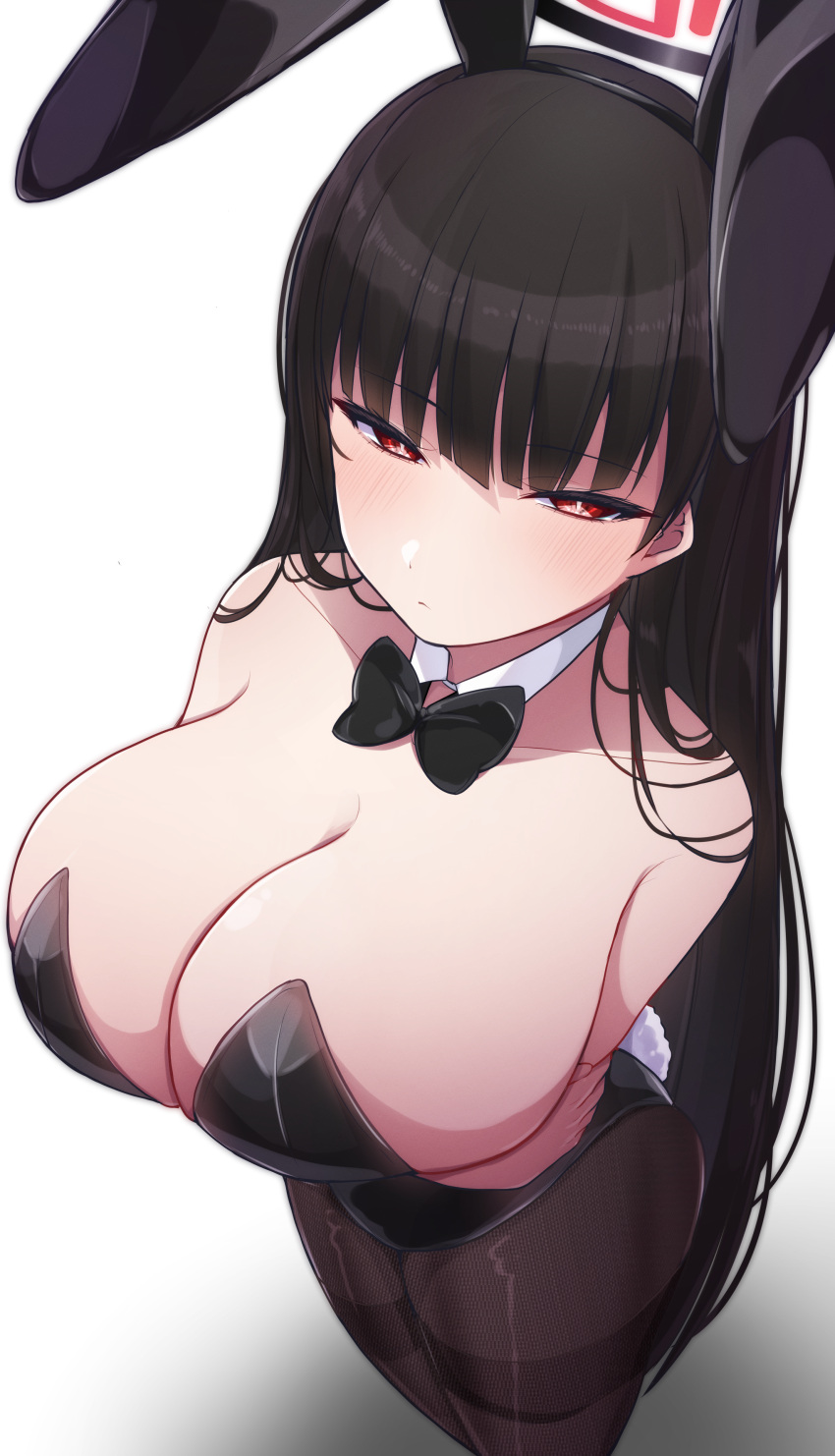 1girl absurdres alternate_costume animal_ears arm_under_breasts black_bow black_bowtie black_hair black_leotard black_pantyhose blue_archive blush bow bowtie breasts cleavage detached_collar fake_animal_ears fake_tail halo highres kyana_(5024777) large_breasts leotard long_hair looking_at_viewer pantyhose playboy_bunny rabbit_ears rabbit_tail red_eyes rio_(blue_archive) solo standing straight_hair strapless strapless_leotard tail very_long_hair