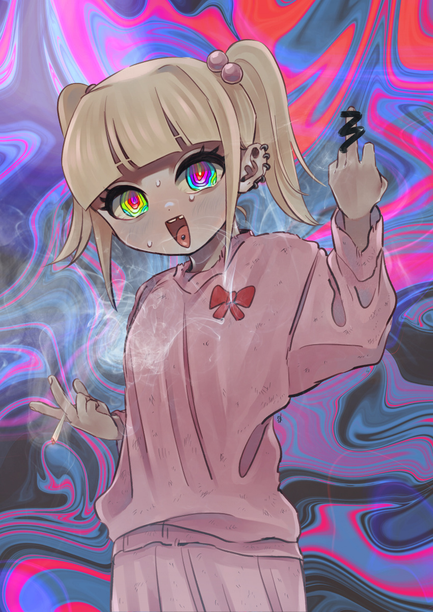 1girl abstract_background absurdres blonde_hair chanel_(jimoto_saikou) cigarette commentary_request cowboy_shot dirty dirty_clothes drugged ear_piercing hair_bobbles hair_ornament hand_up highres holding holding_cigarette jimoto_saikou joint_(drug) long_sleeves looking_at_viewer middle_finger missing_tooth multicolored_background multicolored_eyes nikutaku_meru open_mouth pants piercing pink_pants pink_sweater rainbow_eyes ringed_eyes scribble_censor short_twintails smile smoke solo standing sweat sweater tongue_piercing twintails wavy_eyes