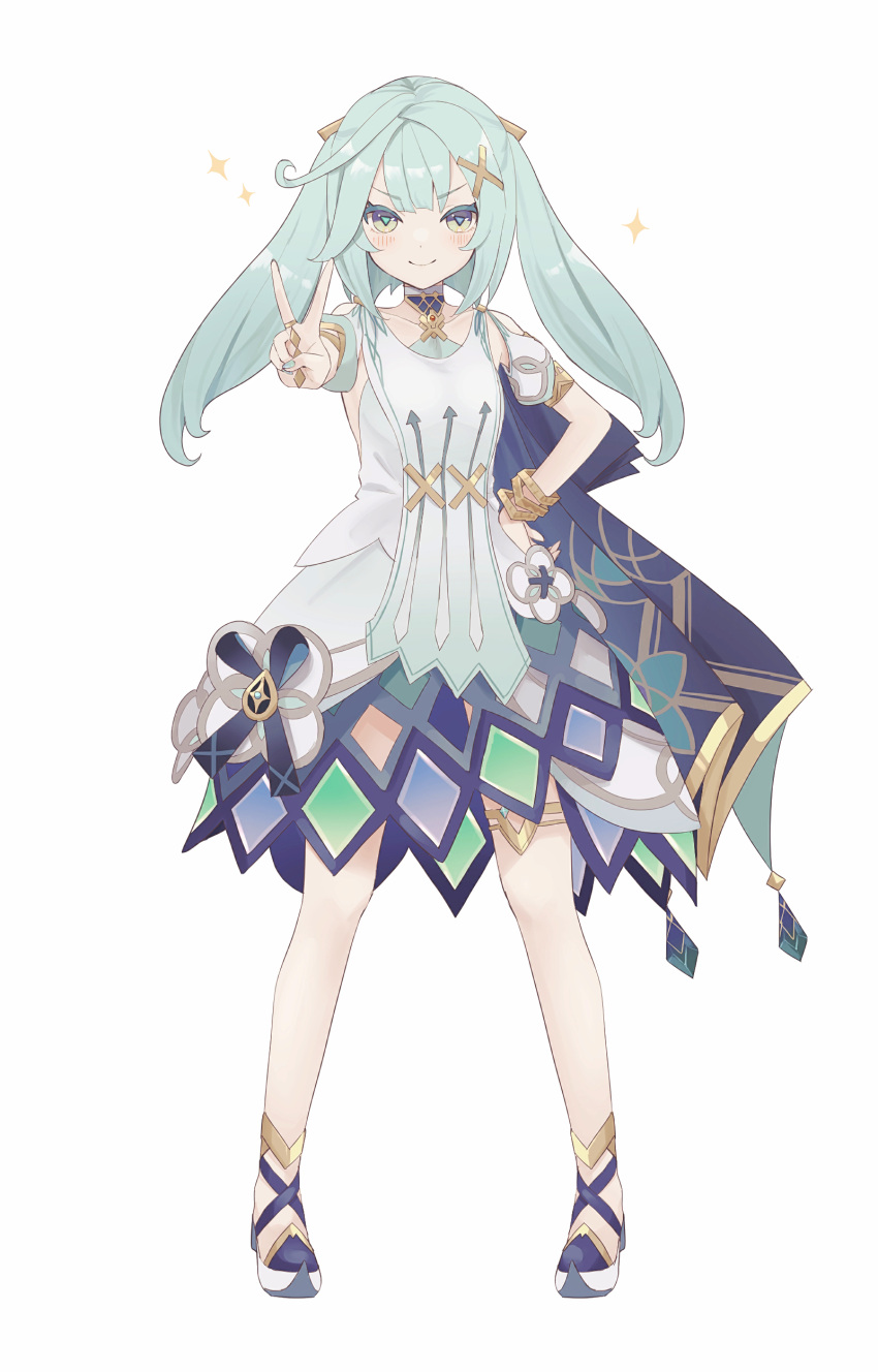 &gt;:) 1girl absurdres aqua_eyes aqua_hair blush commentary_request dress faruzan_(genshin_impact) full_body genshin_impact hair_ornament hand_on_own_hip highres long_hair looking_at_viewer puffy_short_sleeves puffy_sleeves short_sleeves simple_background solo standing thighlet twintails ura_(hamburg_oniku) v v-shaped_eyebrows white_background white_dress x_hair_ornament