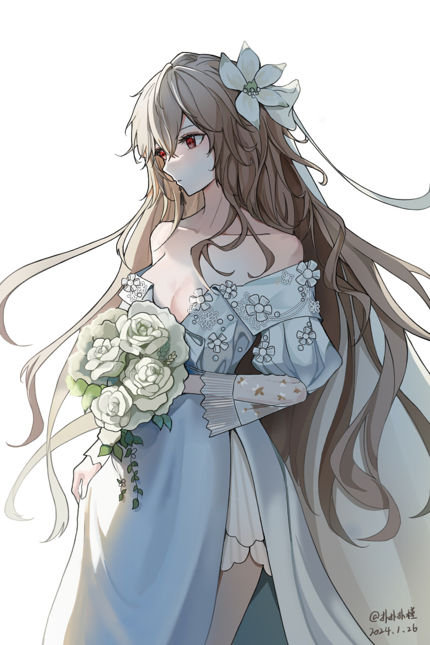 1girl absurdres artist_name bare_shoulders bouquet breasts brown_hair cleavage commentary_request dangle_earrings dated double-parted_bangs dress earrings flower girls'_frontline hair_between_eyes hair_flower hair_ornament hair_ribbon highres holding holding_bouquet jewelry long_hair long_sleeves medium_breasts puffy_sleeves red_eyes ribbon sakatakin simple_background solo sp9_(girls'_frontline) very_long_hair white_background white_dress white_flower white_ribbon