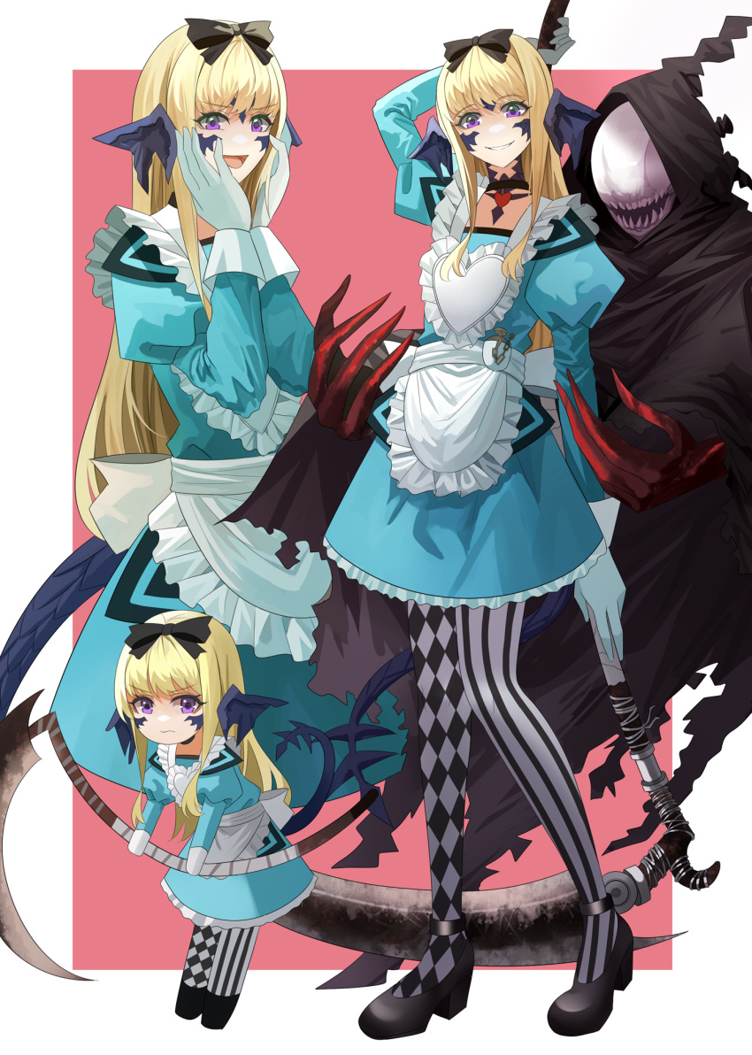 1girl apron asymmetrical_legwear au_ra black_footwear black_ribbon black_robe blonde_hair blue_dress checkered_thighhighs chibi closed_mouth dragon_horns dragon_tail dress final_fantasy final_fantasy_xiv flat_chest gloves grin hair_ribbon hands_on_own_cheeks hands_on_own_face highres holding holding_scythe horns large_ribbon leaning_forward long_bangs long_hair looking_at_viewer multiple_views no_eyes ojiki open_mouth platform_footwear platform_heels reaper_(final_fantasy) red_claws ribbon robe scales scythe smile striped_clothes striped_thighhighs tail teeth thighhighs very_long_hair voidsent waist_ribbon warrior_of_light_(ff14) wavy_mouth white_apron white_gloves