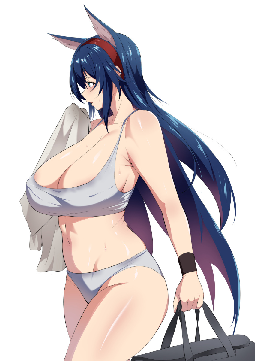 1girl absurdres animal_ears arknights bag blaze_(arknights) blue_eyes blue_hair blush breasts cat_ears cat_girl closed_mouth collarbone cowboy_shot extra_ears hairband highres holding holding_bag holding_towel huge_breasts long_hair navel no_tail open_mouth panties red_hairband simple_background solo stomach sweat sweatband tank_top towel underwear very_long_hair white_background white_panties white_tank_top xllam