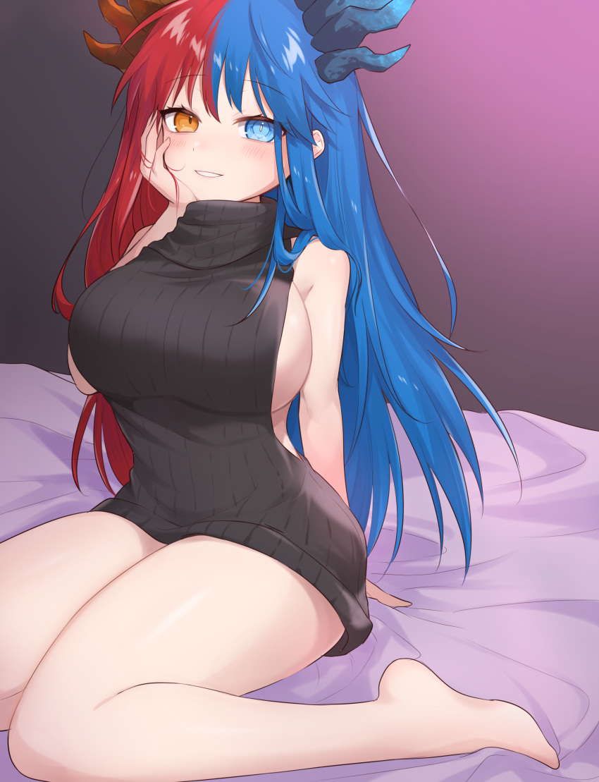 1girl absurdres artist_402901 barefoot bed black_sweater blue_eyes blue_hair blush bottomless breasts bright_pupils dragon_girl dragon_horns feet heterochromia highres horns inferna_dragnis large_breasts long_hair looking_at_viewer meme_attire monster_girl multicolored_hair non-web_source orange_eyes original pale_skin red_hair sitting sleeveless smile solo split-color_hair sweater symbol-shaped_pupils thick_thighs thighs two-tone_hair virgin_killer_sweater wariza white_pupils