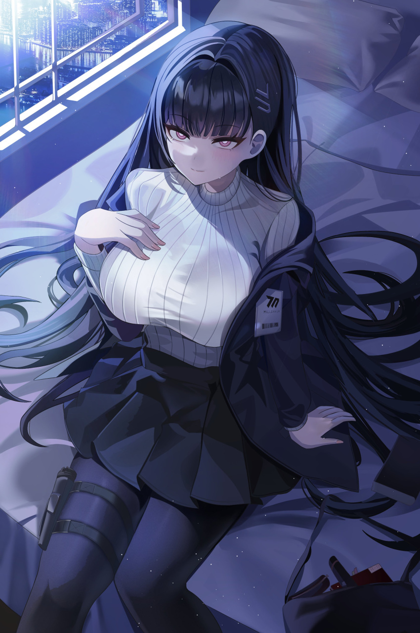 1girl absurdres arm_up bed_sheet black_hair black_jacket black_pantyhose black_skirt blazer blue_archive blush breasts bright_pupils feet_out_of_frame hand_on_own_chest highres holster id_card indoors jacket large_breasts long_hair looking_at_viewer on_bed pantyhose pillow pleated_skirt red_eyes rio_(blue_archive) sitting skirt solo sweater thigh_holster very_long_hair white_pupils white_sweater wiwjzga