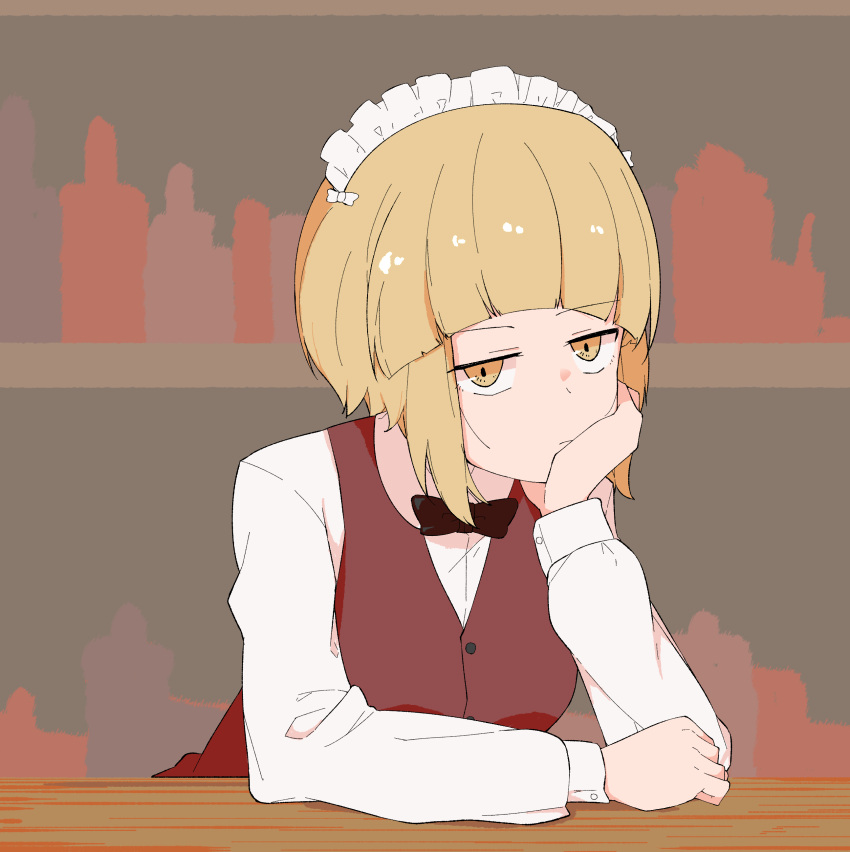 1girl absurdres bar_(place) bartender black_bow black_bowtie blonde_hair blunt_bangs bob_cut bow bowtie brown_vest closed_mouth cutlass_(girls_und_panzer) dress_shirt elbow_rest frown girls_und_panzer half-closed_eyes handkerchief head_rest highres indoors leaning_forward long_sleeves maid_headdress shirt short_hair solo unfortunate_hero vest white_shirt wing_collar yellow_eyes