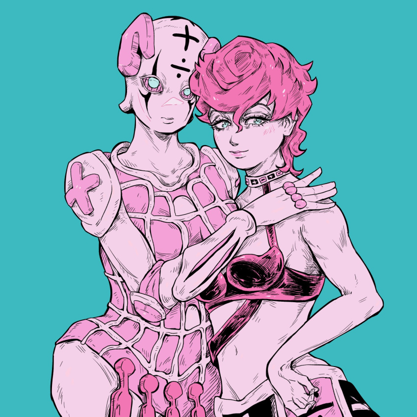 1girl aqua_background aqua_eyes bare_shoulders highres jojo_no_kimyou_na_bouken limited_palette looking_at_viewer navel pink_hair short_hair simple_background smile spice_girl_(stand) stand_(jojo) trish_una upper_body user_hhve2834 vento_aureo