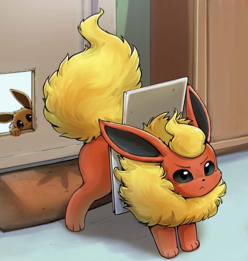 2024 ambiguous_gender black_nose digital_media_(artwork) door doormat duo eevee eeveelution eyebrows feral flareon fur generation_1_pokemon hi_res nintendo otakuap pet_door pokemon pokemon_(species) shadow solo_focus