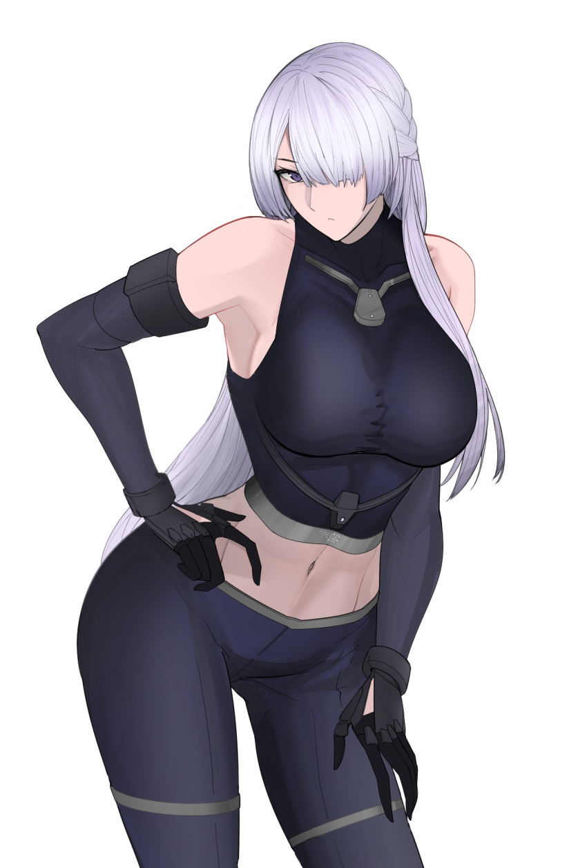 1girl ak-15_(girls'_frontline) black_pants breasts cowboy_shot girls'_frontline grey_hair hair_over_one_eye hand_on_own_hip highres long_hair looking_at_viewer midriff navel pants parted_lips purple_eyes solo swavigg white_background