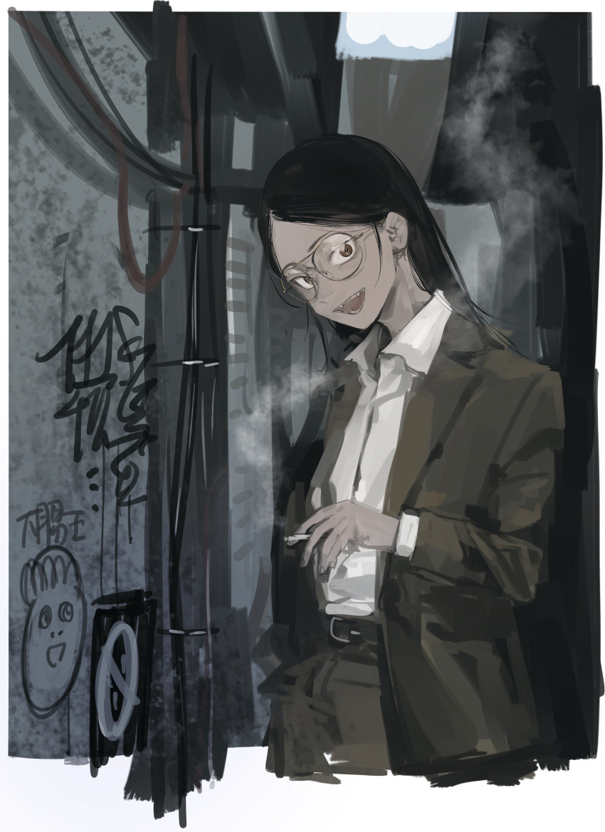 1girl absurdres alley belt between_fingers black_hair border brown_eyes brown_jacket brown_pants cable cigarette collared_shirt commentary_request cropped_legs day dress_shirt glasses graffiti highres holding holding_cigarette ikuhana_niiro jacket jimoto_saikou long_hair looking_at_viewer nara-san_(jimoto_saikou) open_mouth outdoors pants parted_hair sanpaku shirt smile smoke_trail solo suit_jacket urban white_border white_shirt