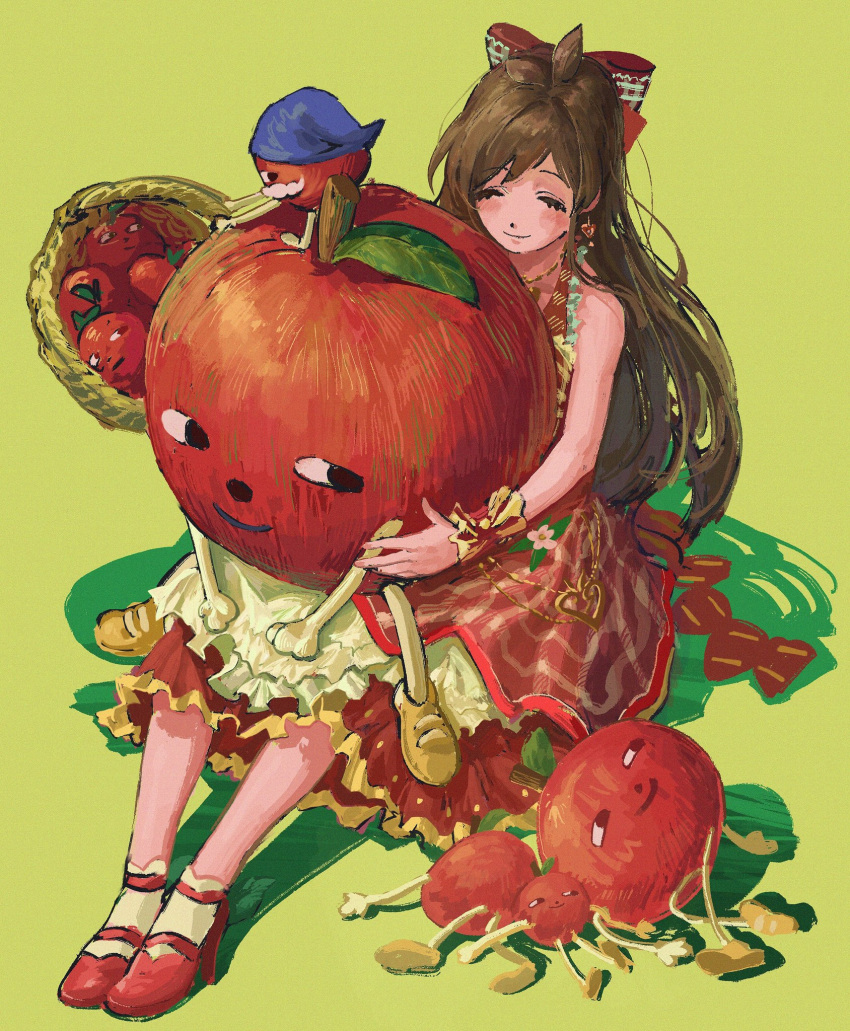 1girl ^_^ antenna_hair apple bare_arms blush bow brown_hair closed_eyes dress fake_beard fake_facial_hair food frilled_wristband fruit fruit_basket hair_bow highres idolmaster idolmaster_cinderella_girls long_hair red_dress red_footwear ringorou_(idolmaster) shadow sideways_glance simple_background sitting sleeveless sleeveless_dress smile solo tsujino_akari very_long_hair xditop