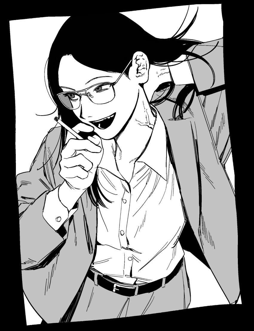 1girl bags_under_eyes between_fingers cigarette commentary_request cowboy_shot dress_pants dress_shirt empty_eyes floating_hair glasses greyscale hand_on_own_neck hand_up highres holding holding_cigarette jacket jimoto_saikou long_hair long_sleeves looking_to_the_side monochrome nara-san_(jimoto_saikou) open_clothes open_jacket paguraisu shirt shirt_tucked_in simple_background smile solo suit_jacket uneven_eyes veins