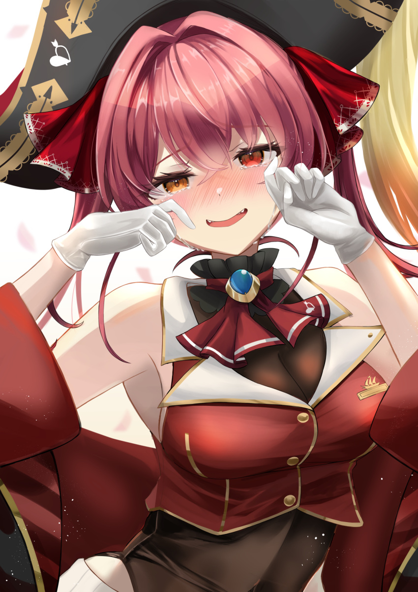 1girl arrow_through_heart ascot black_choker black_coat black_headwear blush breasts choker cleavage coat cropped_jacket frilled_choker frills gloves hair_ribbon hat heterochromia highres hololive houshou_marine houshou_marine_(1st_costume) jacket large_breasts long_hair looking_at_viewer mikazuki_cocolo pirate_hat red_ascot red_coat red_eyes red_hair red_jacket red_ribbon ribbon sleeveless sleeveless_jacket smile solo twintails two-sided_coat two-sided_fabric virtual_youtuber white_gloves yellow_eyes