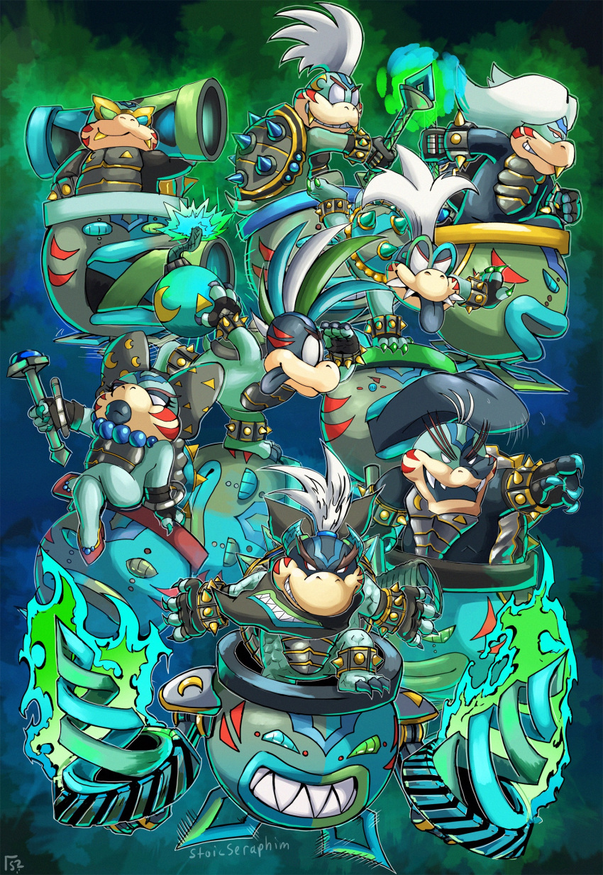 alternate_color alternate_costume alternate_eye_color alternate_hair_color armor aura bandana black_bandana black_eyeshadow black_gloves black_lips black_neckerchief blue_eyes blue_gemstone blue_hair bomb bow bowser_jr. bracelet claws commentary company_connection corruption crescent crossed_legs crossover dark_persona drill english_commentary evil_grin evil_smile explosive eyeshadow facial_tattoo fierce_deity fingerless_gloves fire floating frown fuse gem gloves glowing glowing_weapon gold gold_teeth green_eyes green_hair grin hair_bow hammer hand_on_own_hip handstand highres holding holding_bomb holding_hammer holding_rocket_launcher holding_wand holding_weapon horns iggy_koopa jewelry junior_clown_car koopa_clown_car koopalings larry_koopa lemmy_koopa lipstick lit_fuse long_tongue looking_at_viewer looking_to_the_side ludwig_von_koopa makeup mario_(series) medium_hair mismatched_sclera morton_koopa_jr. multicolored_hair multiple_persona neckerchief necklace nintendo no_pupils no_shoes one_arm_handstand open_mouth outstretched_arm outstretched_arms pointing ponytail possessed rocket_launcher roy_koopa sharp_teeth shoes short_hair sitting smile spiked_hair spiked_shell spikes standing standing_on_one_leg stoic_seraphim sunglasses super_mario_bros._3 super_mario_sunshine super_smash_bros. tail tattoo teeth the_legend_of_zelda the_legend_of_zelda:_majora's_mask tongue tongue_out triangle wand weapon wendy_o._koopa white_eyes white_hair wrist_guards x_mark