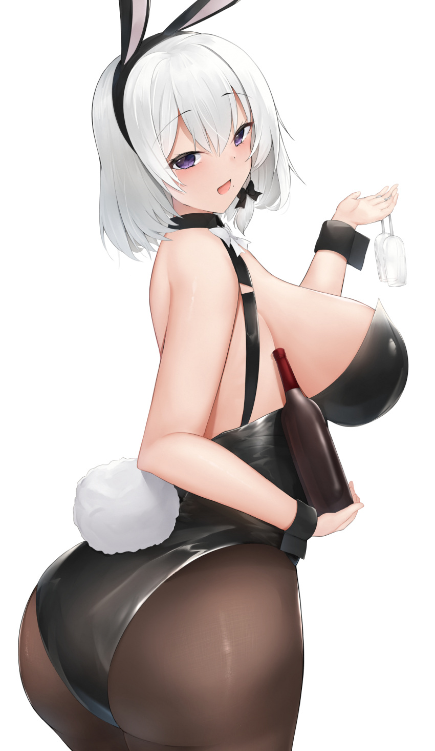 1girl animal_ears azur_lane backless_leotard bare_back black_leotard black_wrist_cuffs bottle breasts brown_pantyhose fake_animal_ears fake_tail highres holding holding_bottle large_breasts leotard looking_at_viewer mole mole_under_mouth nori_aji official_alternate_costume open_mouth pantyhose playboy_bunny purple_eyes rabbit_tail san_jacinto_(azur_lane) san_jacinto_(flavor_of_the_day)_(azur_lane) solo strapless strapless_leotard tail wrist_cuffs