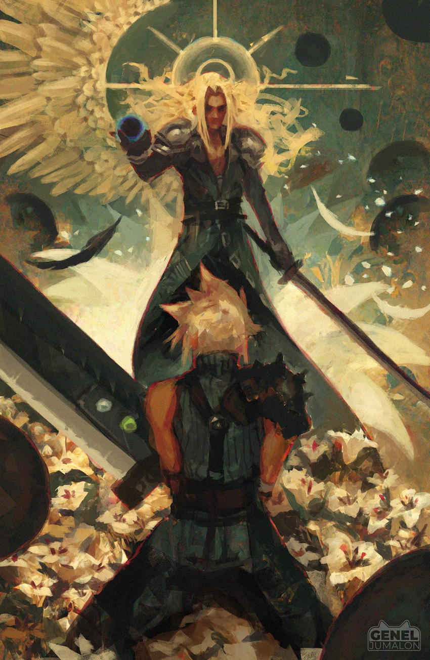 2boys abstract_background armor black_coat black_feathers black_gloves black_materia black_pants blonde_hair buster_sword cloud_strife coat commentary english_commentary feathered_wings feathers final_fantasy final_fantasy_vii flower flower_bed from_behind genel_jumalon gloves halo hand_up highres holding holding_orb holding_sword holding_weapon katana leather_belt long_coat long_hair long_sleeves male_focus multiple_boys orb pants parted_bangs pauldrons sephiroth short_hair shoulder_armor single_pauldron single_wing sleeveless sleeveless_turtleneck spiked_hair standing suspenders sword turtleneck upper_body watermark weapon white_feathers white_flower white_hair wings