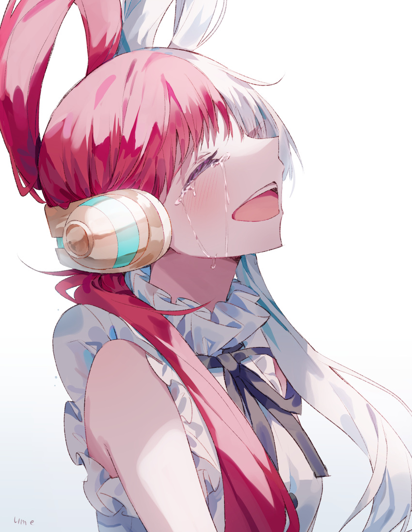 1girl absurdres artist_name behind-the-head_headphones black_ribbon blush closed_eyes commentary_request crying dress gradient_background grey_background hair_rings headphones highres long_hair multicolored_hair neck_ribbon one_piece one_piece_film:_red open_mouth red_hair ribbon simple_background sleeveless sleeveless_dress solo split-color_hair streaming_tears tears teeth two-tone_hair umemaro_(siona0908) upper_body upper_teeth_only uta_(one_piece) white_background white_dress white_hair