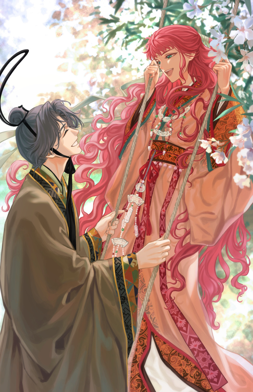 1boy 1girl absurdres bead_necklace beads black_hair chin_strap chinese_clothes day facing_another floating_hair flower from_side green_eyes grey_robe hair_bun half_updo hands_up hanfu happy highres jewelry juuni_kokuki long_hair long_sleeves looking_at_another nakajima_youko nature necklace open_mouth parted_bangs playing profile rakushun_(juuni_kokuki) red_hair red_robe robe rope short_hair single_hair_bun standing swing very_long_hair white_flower wide_sleeves xiao_guan_(headdress) yi_(199702090505)