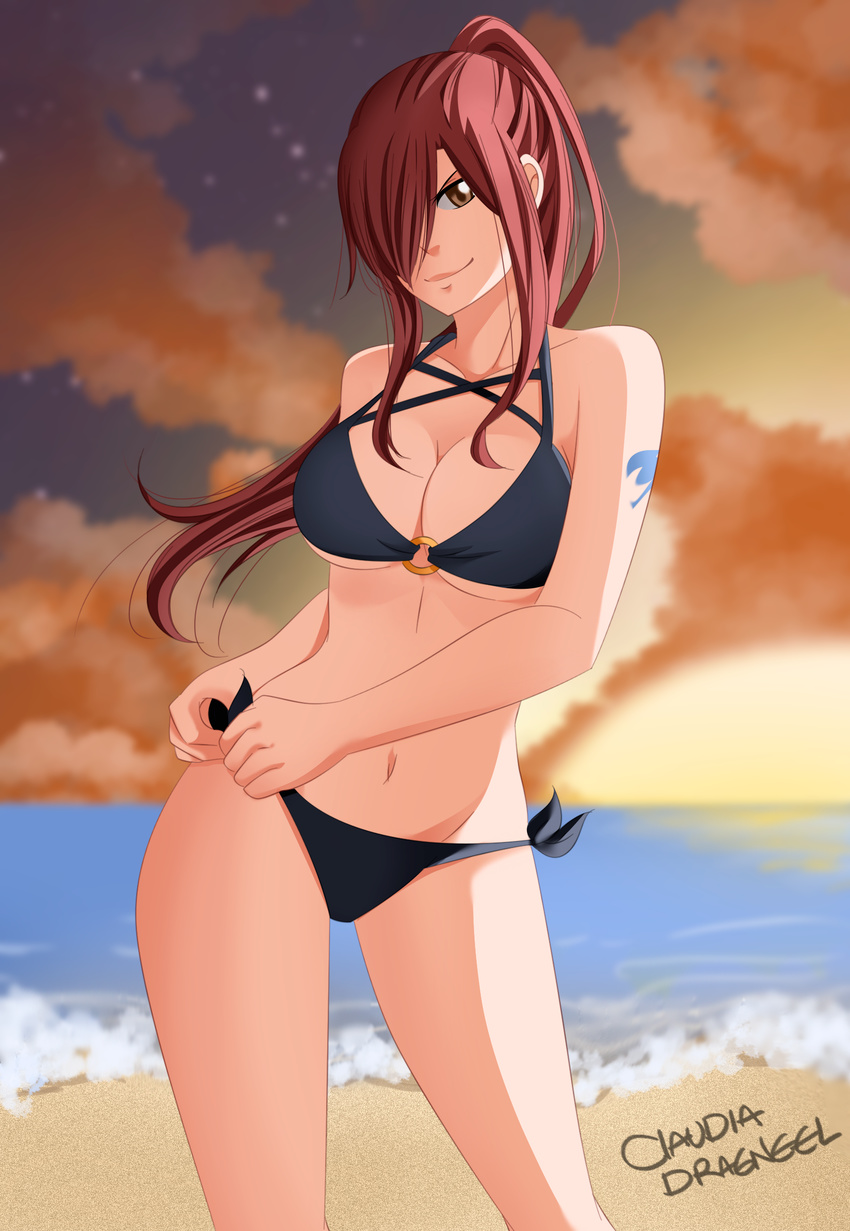 &gt;:) artist_name beach bikini breasts brown_eyes claudia_dragneel cleavage colorized cowboy_shot erza_scarlet fairy_tail hair_over_one_eye highres large_breasts long_hair looking_at_viewer mashima_hiro navel ocean ponytail red_hair side-tie_bikini sky smile smirk solo sun swimsuit tattoo twilight underboob v-shaped_eyebrows