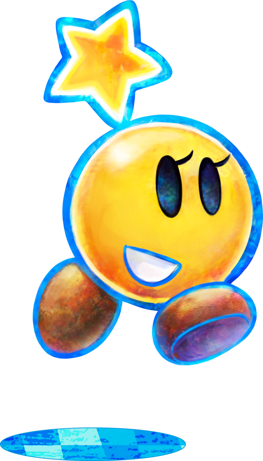 artist_request black_eyes blue_outline brown_footwear colored_skin eyelashes floating highres mario_&amp;_luigi:_dream_team mario_&amp;_luigi_rpg mario_(series) no_humans official_art open_mouth outline shadow shoes smile solid_oval_eyes solo star_(symbol) starlow tile_floor tiles transparent_background yellow_skin
