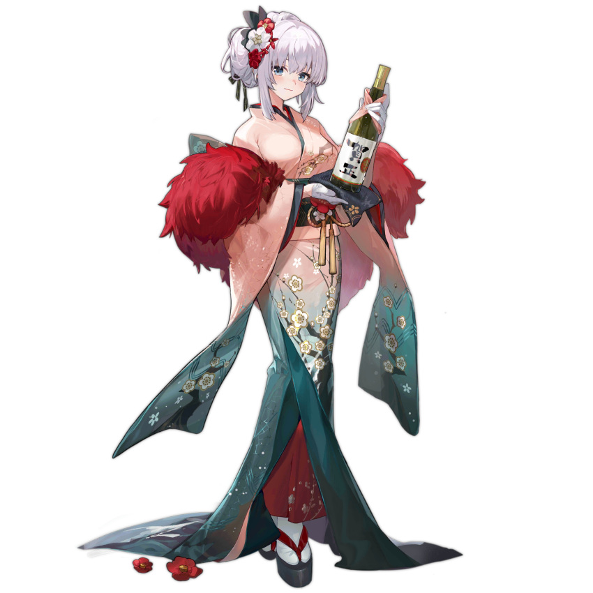 1girl alcohol aqua_kimono black_sash blue_eyes blush bottle breasts closed_mouth feather_boa feathers floral_print floral_print_kimono flower flower_request full_body girls'_frontline gloves gradient_kimono hair_flower hair_ornament hair_up half_gloves highres holding holding_bottle japanese_clothes kimono large_breasts light_smile looking_at_viewer obi official_alternate_costume official_art ots-39_(apricot_fantasia)_(girls'_frontline) ots-39_(girls'_frontline) pink_kimono print_kimono red_feathers red_flower sake_bottle sash sidelocks simple_background socks solo standing tabi third-party_source transparent_background white_flower white_gloves white_hair white_socks wumumu
