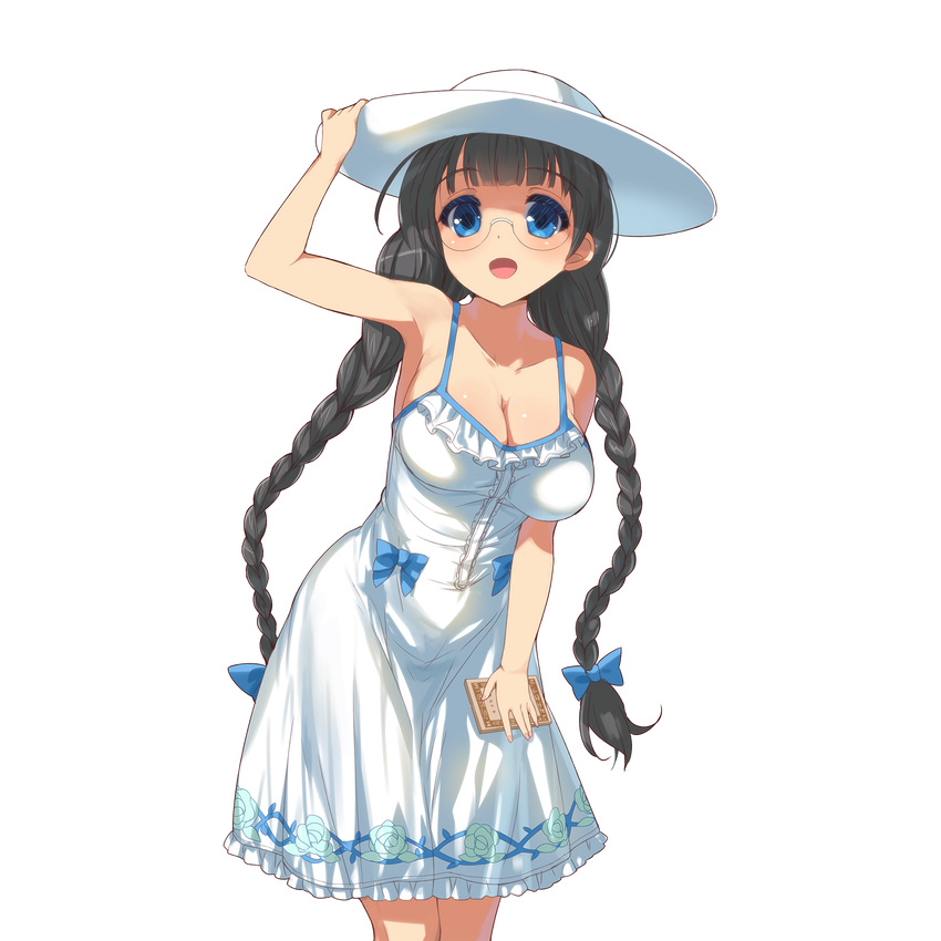 :d arm_up armpits bangs bare_shoulders black_hair blue_bow blue_eyes blunt_bangs blush book bow braid breasts center_frills cleavage collarbone dress eyebrows_visible_through_hair floral_print frilled_dress frills glasses hair_bow hand_on_headwear happy hat highres holding holding_book kusaka_souji large_breasts leaning_forward legs_together long_hair looking_at_viewer nail_polish official_art open_mouth pink_nails rimless_eyewear roomy_powan rose_print semi-rimless_eyewear sideboob smile solo spaghetti_strap sun_hat sundress thorn_print transparent_background twin_braids uchi_no_hime-sama_ga_ichiban_kawaii under-rim_eyewear very_long_hair white_dress white_hat