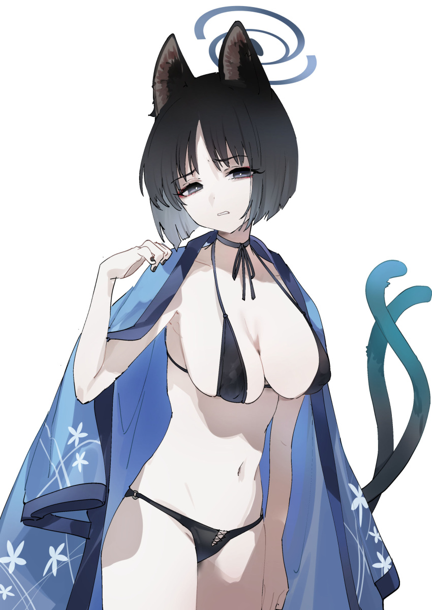 1girl absurdres animal_ears bikini black_bikini black_choker black_hair black_nails black_ribbon blue_archive breasts cat_ears cat_girl cat_tail choker collarbone fingernails highres kikyou_(blue_archive) large_breasts looking_at_viewer multiple_tails nail_polish navel ribbon ribbon_choker short_hair simple_background solo swimsuit tail white_background yanyo_(ogino_atsuki)