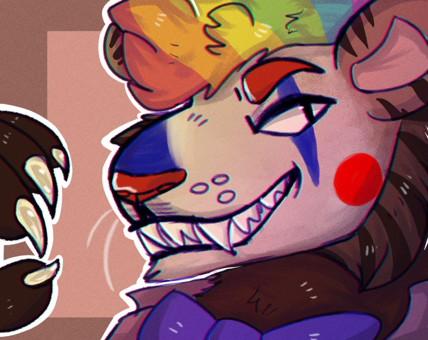 anthro bow_(feature) bow_tie cade_ion canid canine canis claws clothed clothing clown clown_makeup digital_drawing_(artwork) digital_media_(artwork) fur hair mammal multicolored_hair open_mouth portrait rainbow_hair simple_background smile solo struggs_(zrcalo) teeth